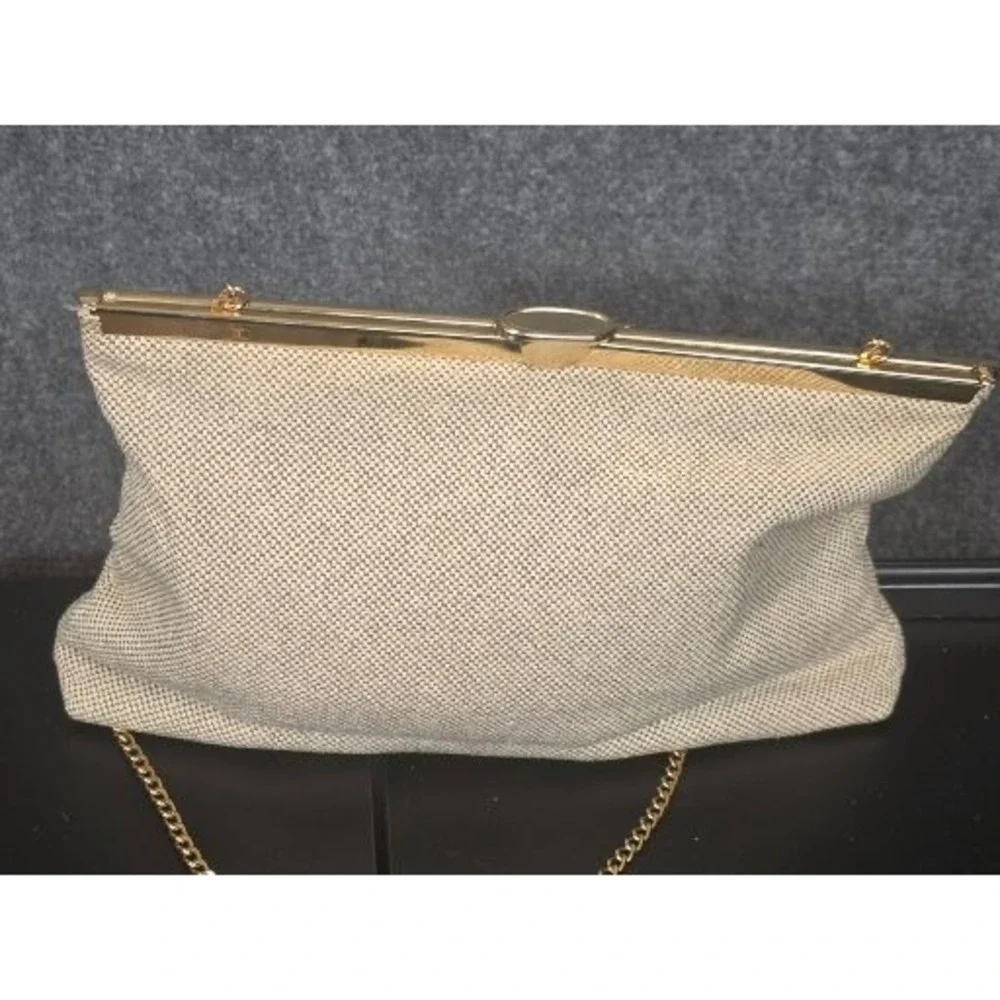 VTG Style Beige Woven Clutch Bag Gold Chain‎ Crossbody Kiss Lock Evening Purse